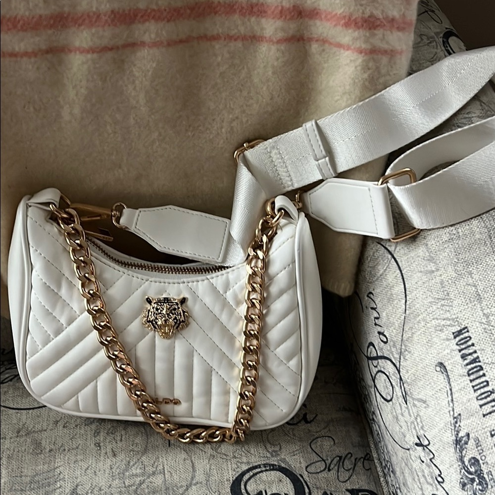 Aldo vegan White Quilted Shoulder Bag with Gold Chain Accent